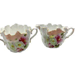VTG Antique Prussia Style Porcelain Art Nouveau Floral 1900s Cream & Sugar Set